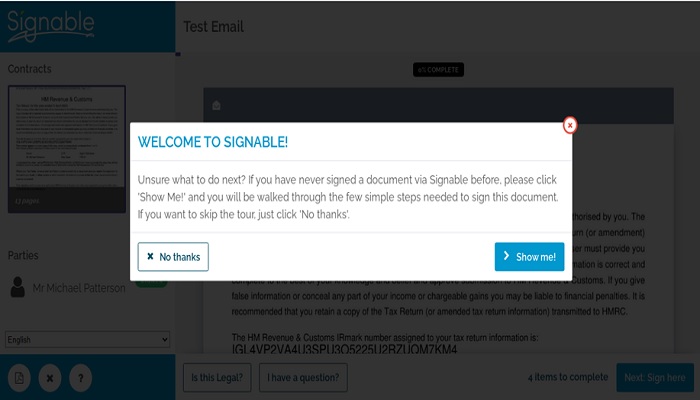 Esign welcome screen